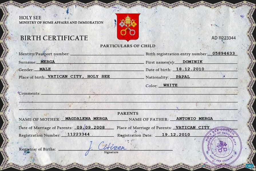 Download Holy See vital record birth certificate PSD template Photoshop template